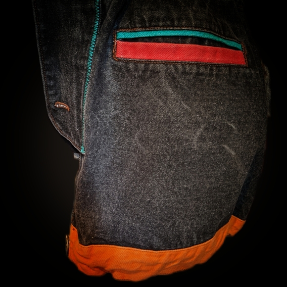 Stylish One Of A Kind Vintage 80s Italian Black Denim Jacket with Color Accents - Picture 4 of 5